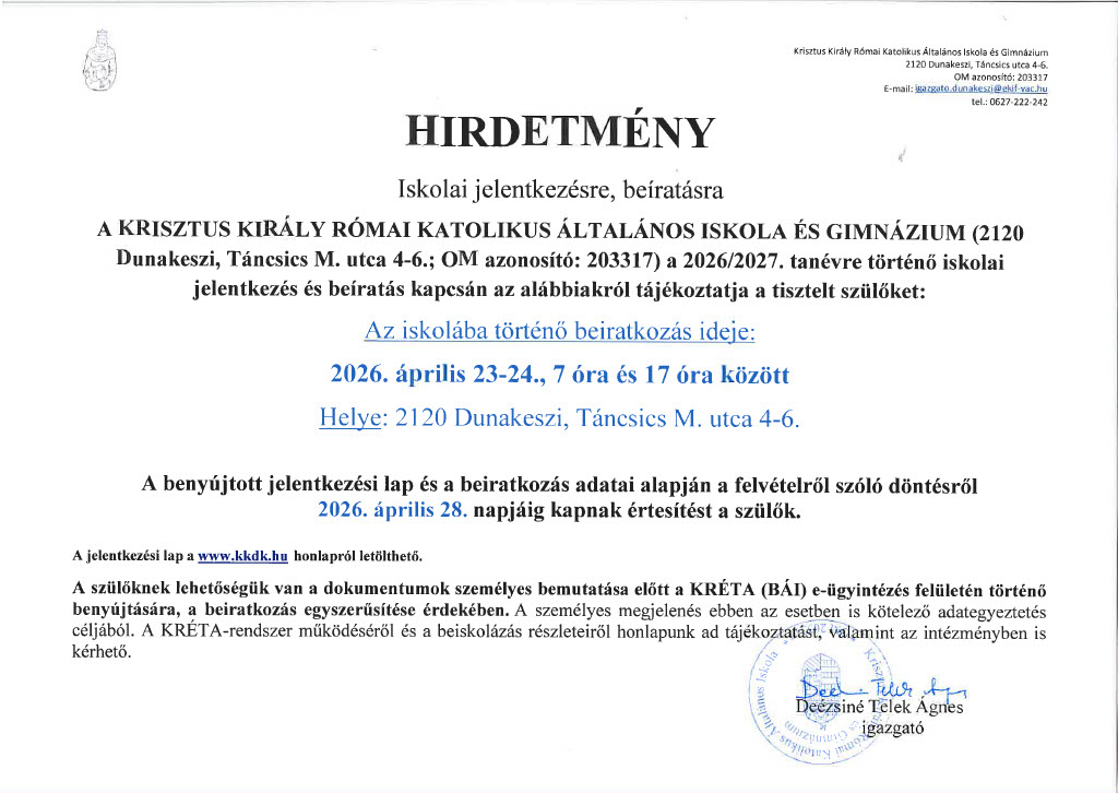 Hirdetmény általános iskolai jelentkezésre